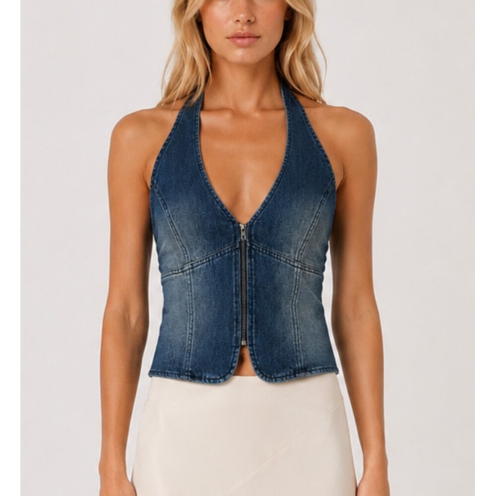 PacSun Dark Blue Denim Halter Zip Front Top